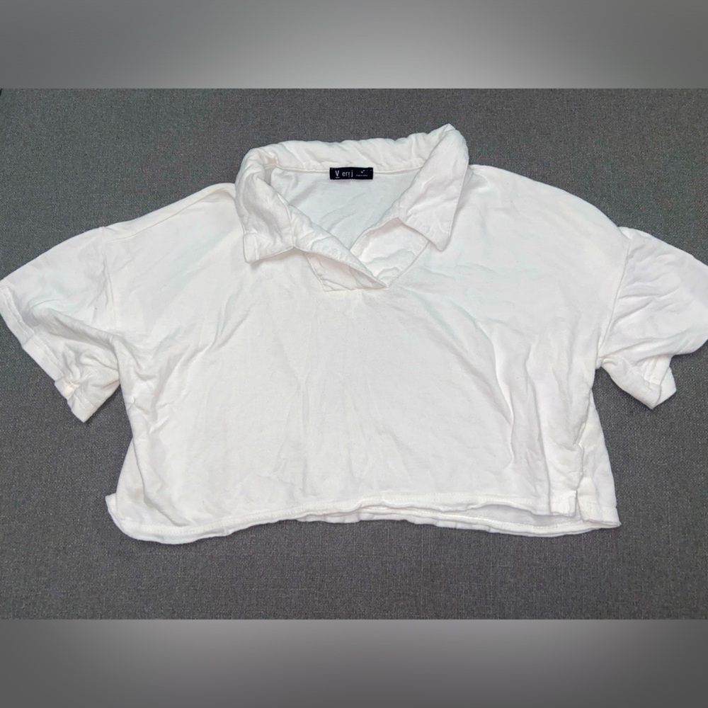 Very J Collared Cropped White Short Sleeve Top